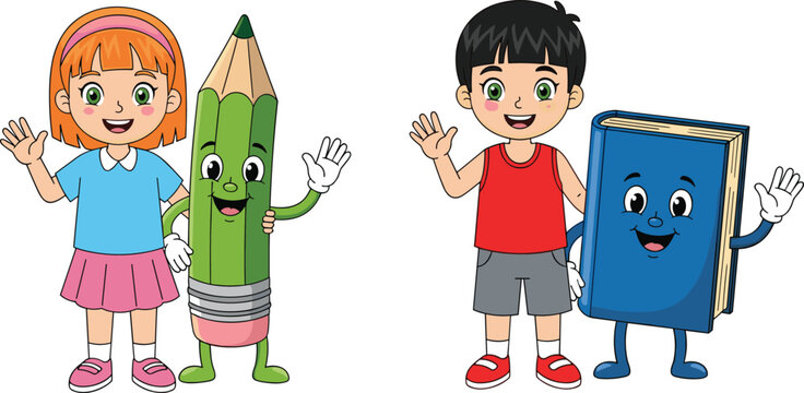 Cute cartoon school children and their friendly mascot educational supplies, a pencil and a book, smiling and waving happily while ready for back to school. - Powered by Adobe