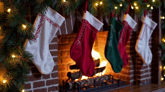 Cozy christmas eve by the fireplace with hanging stockings and twinkling lights