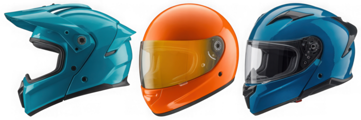3D Plastic Style Futuristic Helmets Collection in Bright Colors Isolated on Transparent Background with Glossy Finish
