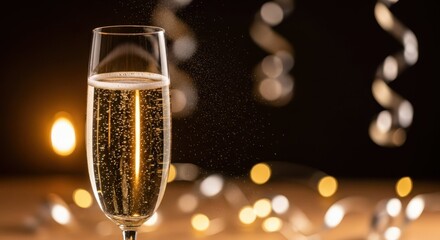 Champagne flute with golden bubbles, festive bokeh and metallic streamers, New Year’s Eve celebration concept