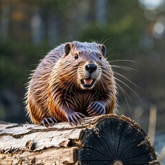 Fototapeta premium Beaver with a piece of wood close view background