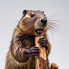 Beaver with a piece of wood close view background
