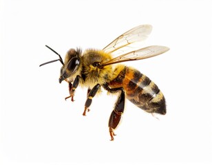 Bee close view over white background, no shadow