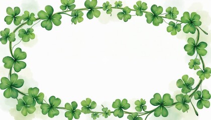 Watercolor illustration features clover leaf border on white. Green shamrocks frame. Botanical design empty oval shape space. Lucky four leaves symbol on plant stems used for Saint Patrick greeting