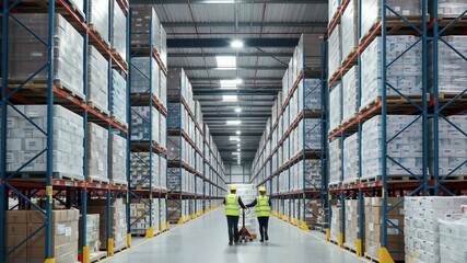 Warehouse workers move inventory efficiently through modern distribution center, showcasing logistics and supply chain operations. 4k high quality footage