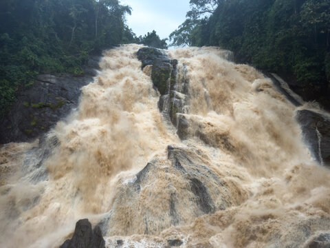 Powerful Charpa Falls cascading with muddy brown water during monsoon season in Thrissur district, Kerala, flowing forcefully over rocky terrain surrounded by dense forest.