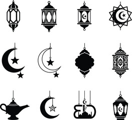 Collection of islamic lanterns crescent moons stars and arabic calligraphy designs in black silhouette style perfect for ramadan and eid celebrations