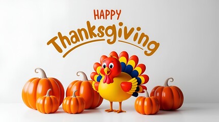 Thanksgiving illustration with a smiling cartoon turkey, three pumpkins, and decorative autumn accents, white background