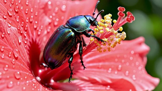 Iridescent insect on vibrant flower petal with water droplets
