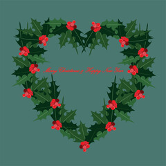 Merry Christmas & Happy New Year banner Christmas holly heart shaped, holly on green design element stock vector illustration