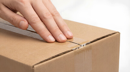 Human Hand Applying Clear Packing Tape on a Generic Box