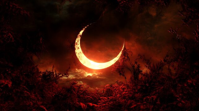 Crescent moon over red landscape high resolution image