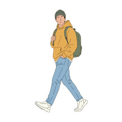 Naklejka premium Minimalist Vector Drawing of a Young Man Walking Side View Dressed in a Yellow Hoodie Blue Chinos and Green Beanie Carrying a Backpack Outdoor Lifestyle Concept