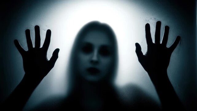 Terrified woman trapped behind frosted glass, desperate pleas for help in a chilling thriller 4k high quality footage