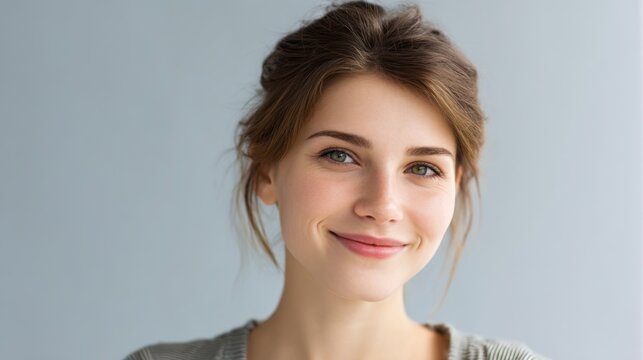 Young woman with soft features smiling gently against a light blue background, conveying warmth, joy, and approachability in a natural setting