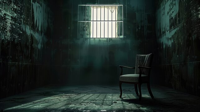 Gloomy prison cell interior with chair and barred window dramatic lighting dark and moody conceptual shot