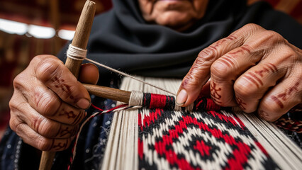 Close-up of elderly artisan woman's hands with henna weaving traditional colorful Sadu textile using wooden loom