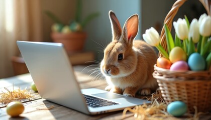 Cute brown bunny looks at modern silver laptop screen. Colorful Easter eggs fill woven basket with white tulips. Spring holiday celebration mixes animal and tech. Pet sits beside computer.