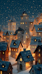 Whimsical fantasy christmas postcard illustration of a magical snowy village