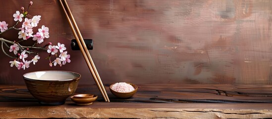 Japanese Still Life with Cherry Blossoms Bowl Chopsticks and Pink Salt on Rustic Wooden Tabletop Eye Level Shot