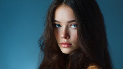 Naklejka premium Captivating Portrait of a Young Woman with Long Dark Hair and Striking Blue Eyes in a Soft Blue Background for Fashion or Beauty Use