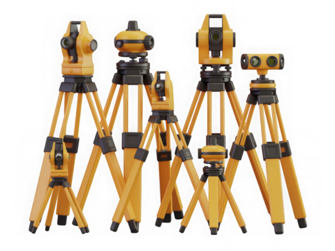  3D Plastic Style Surveying Equipment Set with Yellow Tripods and Leveling Instruments on Transparent Background