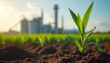 Young corn sprout grows on field. Green plant grows in soil near ethanol production facility. Agriculture, bio fuel concept. Renewable energy source for nature and industry at eco farm.