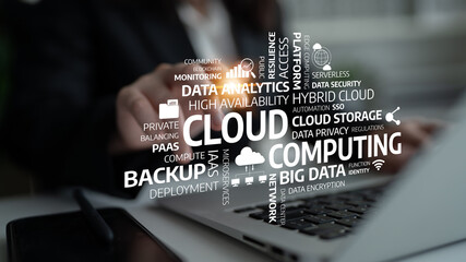 This image illustrates key concepts in cloud computing, emphasizing data analytics, storage, and security in a modern office environment, showcasing technology evolution. Tessel
