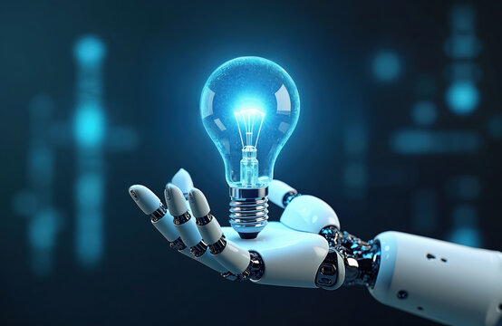 Robotic arm holds lightbulb on dark blue background. Tech innovation and creative ideas. Machine shows solution and scientific progress. AI helps create inventions with digital mind. - Powered by Adobe