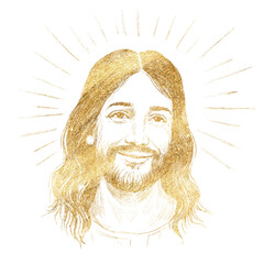 Golden portrait Jesus Christ Freehand. He is risen. Texture of writing materials. Handwritten pencil strokes. Hand drawn christian biblical line art. Christianity symbol.