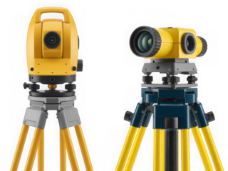 Two modern surveying instruments on tripods, total station and level, isolated isolated on transparent background