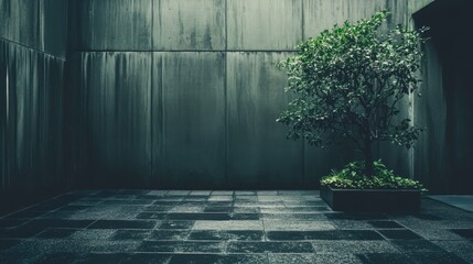A Solitary Tree's Verdant Life Against a Moody, Streaked Concrete Wall.