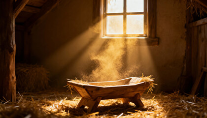 An empty wooden manger in a rustic stable illuminated by a holy light from a window. The Christmas nativity scene representing the birth of Jesus