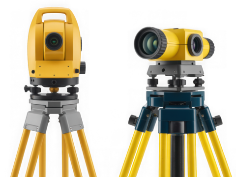 Two modern surveying instruments on tripods, total station and level, isolated isolated on transparent background