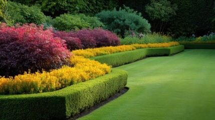 Obraz premium Lush and Vibrant Landscaping with Colorful Flower Beds and Pristine Green Lawn in Beautiful Garden Setting