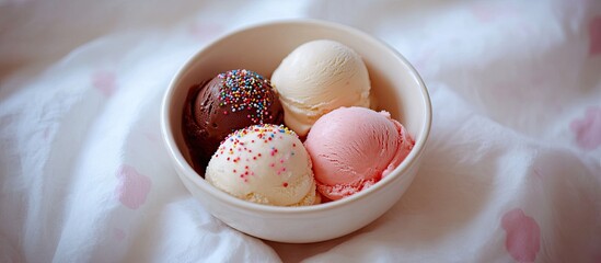 A Trio of Delicious Ice Cream Scoops with Colorful Sprinkles in a White Bowl