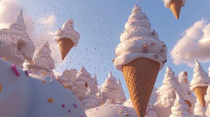 A Whimsical Dreamscape of Ice Cream Mountains with Floating Cones and Falling Sprinkles.