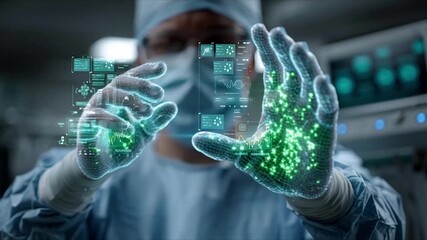 Futuristic Medicine - Doctor Analyzing Holographic Data in Operating Room. - Powered by Adobe