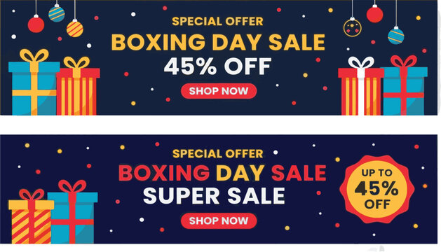 boxing day sale super sale special offer horizontal banner set with christmas gift boxes and ornaments vector illustration