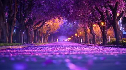 Obraz premium Enchanted purple blossom avenue at twilight high resolution image