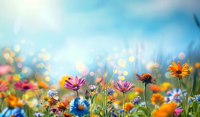 Vibrant wildflower meadow blooms under a bright blue sky in a dreamy bokeh landscape view