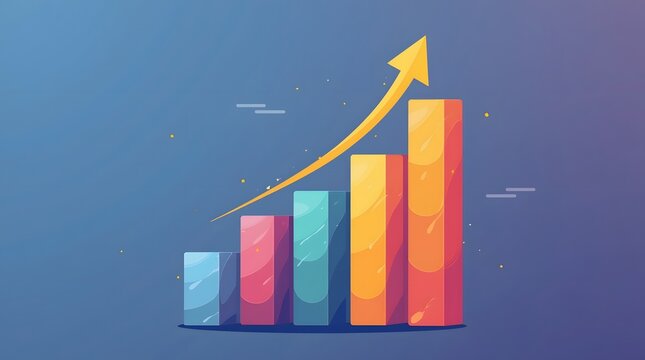 Vector illustration of colorful stacked bar chart with arrow growth