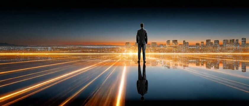 Visionary's Gaze: A silhouette of a poised individual, hands clasped behind the back, surveys the cityscape under a twilight sky, the scene reflecting a sense of purpose and foresight.