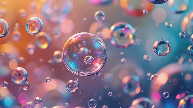 Close-up of floating soap bubbles with iridescent reflections, soft colorful lighting, and dreamy blurred background, creating a magical and playful abstract scene. - Powered by Adobe