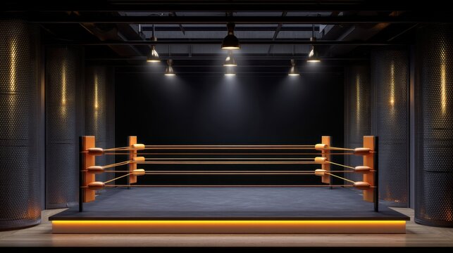 Empty Boxing Ring in a Modern Sports Arena with Dramatic Lighting and Industrial Design Elements for Fitness and Competition Themes