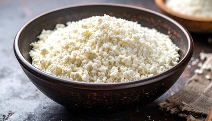 A close-up shot of a dark brown bowl filled with textured, white, crumbly food. The background reveals additional similar items and a rustic surface