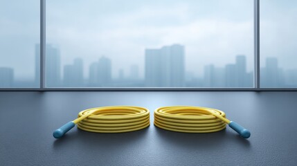 Two Neatly Coiled Yellow Jump Ropes on a Glossy Surface with a City Skyline in the Background, Indoor Workout Equipment in a Modern Environment