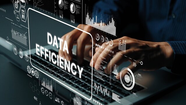 Data Efficiency Concept with Hands Typing on Laptop Surrounded by Digital Graphics and Statistical Charts. Asymptotic smart data analytic.
