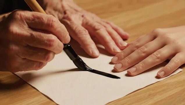 Close up of an elderly hand guiding a younger hand with a calligraphy brush on paper for an intergenerational learning concept and cultural tradition