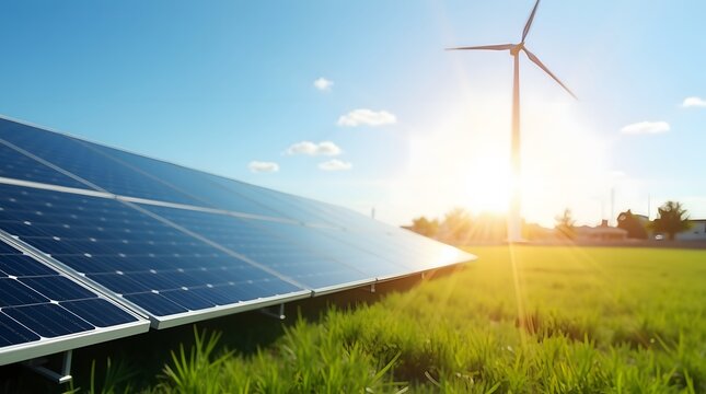 Bright sun shines on solar panels and wind turbine in green field symbolizing clean energy future and sustainability